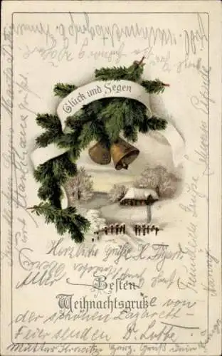 Litho Beste Weihnachtsgrüße, Glück und Segen, Glocken, Tannenzweige