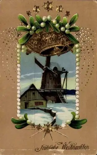 Ak Glückwunsch Weihnachten, Glocken, Mistelzweige