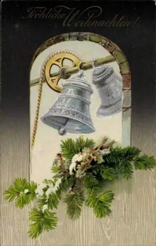 Präge Passepartout Ak Frohe Weihnachten, Tannenzweig, Glocken