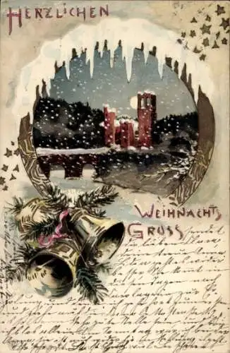 Litho Weihnachtsgruß, Ortspartie, Glocken