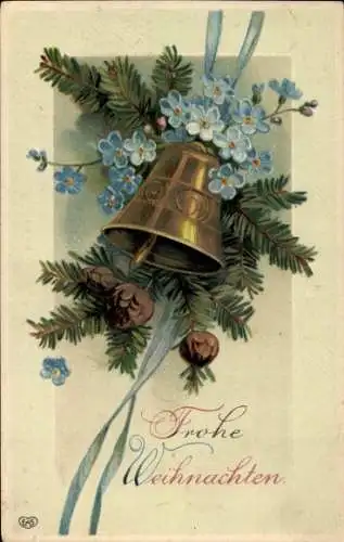 Präge Ak Frohe Weihnachten, Tannenzweig, Glocke, Vergissmeinnicht