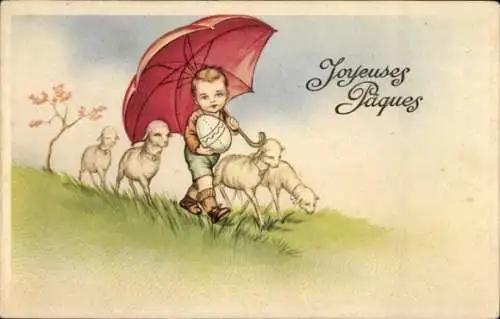 Ak Glückwunsch Ostern, Kind, Lämmer, Osterei