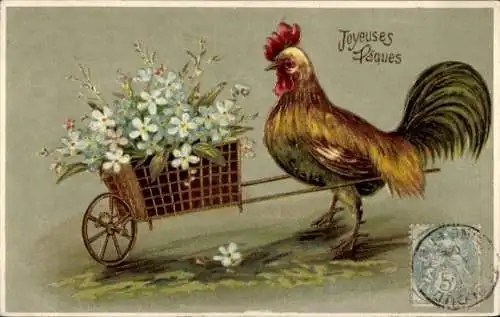 Präge Ak Glückwunsch Ostern, Hahn, Schubkarre, Blumen