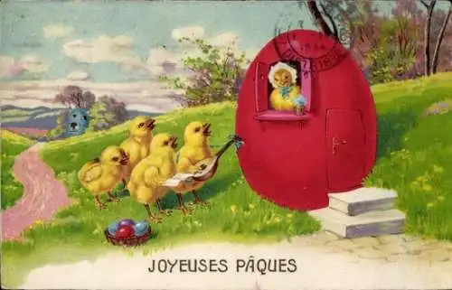 Ak Glückwunsch Ostern, Musizierende Küken, Osterei