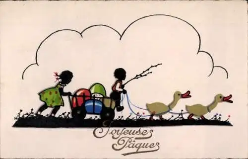 Scherenschnitt Ak Glückwunsch Ostern, Kinder, Ostereier, Entenküken