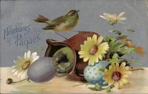 Ak Glückwunsch Ostern, Vogel, Ostereier, Blumen
