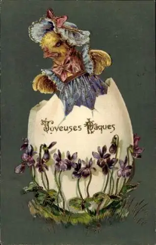 Präge Ak Glückwunsch Ostern, Küken, Osterei, Veilchen