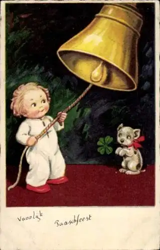 Ak Glückwunsch Ostern, Junge, Glocken, Hund mit Glücksklee