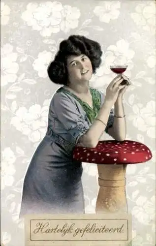 Ak Glückwunsch, Frau mit Weinglas, Pilz