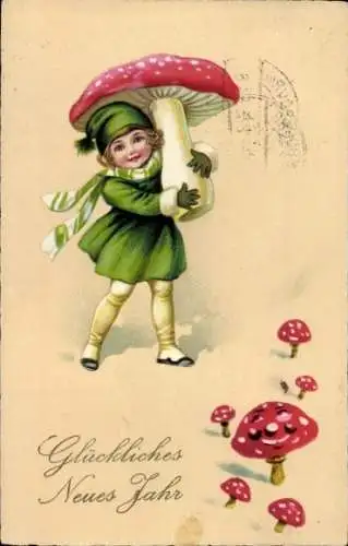 Ak Glückwunsch Neujahr, Mädchen, Pilze