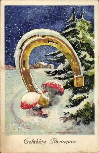 Ak Glückwunsch Neujahr, Hufeisen, Pilze, Tannenbäume
