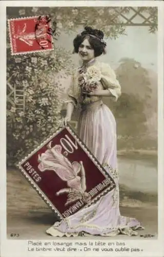 Briefmarken Ak Junge Frau mit Blumen, Porträt