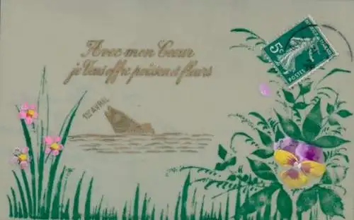 Zelluloid Ak Glückwunsch 1. April, Fisch, Blumen