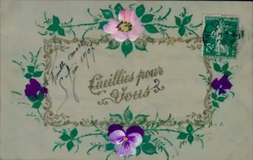 Zelluloid Ak Kitsch, Blumen, Stiefmütterchen