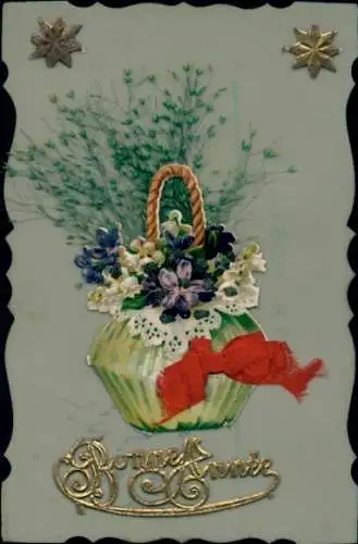 Zelluloid Ak Glückwunsch Neujahr, Blumen, Stoffschleife