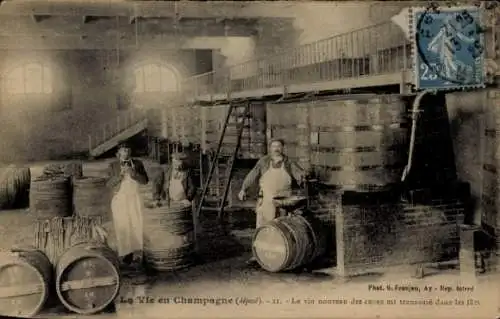 CPA Vie en Champagne, Le vin nouveau des cuves est transvasé dans les fets