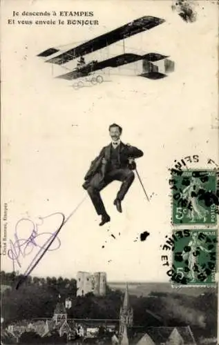 Ak Étampes Essonne, Fliegender Mann, Flugzeug