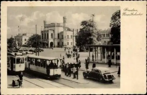 Ak Wrocław Breslau Schlesien, Hauptbahnhof, Straßenbahnen
