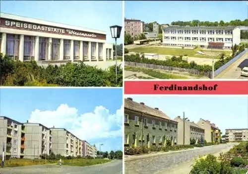 Ak Ferdinandshof in Vorpommern, Speisegaststätte Wiesenperle, verschiedene Ansichten, Gartenan...