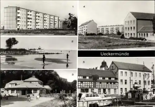 Ak Ueckermünde in Vorpommern, Verschiedene Ansichten von  Gebäude, Strand, Hafen