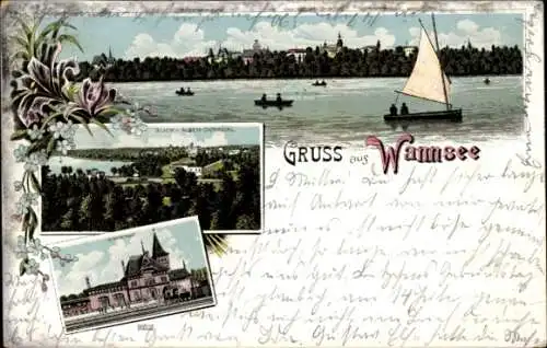 Ak Berlin Zehlendorf Wannsee, Malerei mit Wasser, Boote, Landhaus, Schloss, Blumen, Gruß aus W...