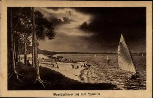 Ak Berlin Zehlendorf Wannsee, Gewittersturm auf dem  Segelboote, Strand, Bäume