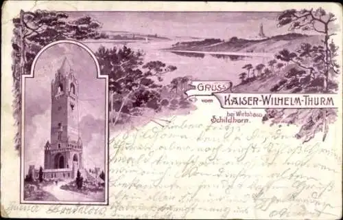Ak Berlin Wilmersdorf Grunewald Schildhorn, Kaiser-Wilhelm-Turm, Wirtshaus  Flusslandschaft
