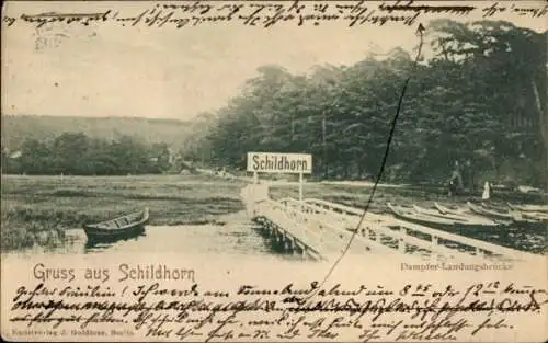 Ak Berlin Wilmersdorf Grunewald Schildhorn, Dampfer-Landungsbrücke, Gruß aus  Bootsanleger