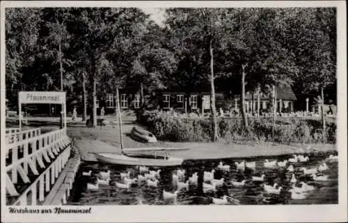 Ak Berlin Zehlendorf Wannsee, Pfaueninsel, Wirtshaus zur  Boote, Enten, Bäume, idyllische Land...