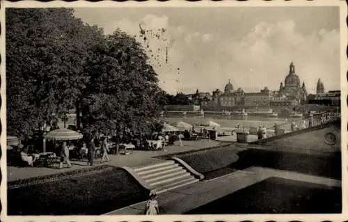 Ak Dresden Altstadt Friedrichstadt, Blick auf Elbufer, Bäume, Menschen, Gaststätte, historisch...