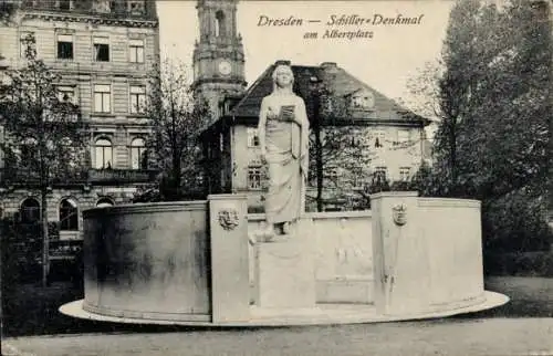 Ak Dresden Altstadt Friedrichstadt, Schiller-Denkmal, Albertplatz, Statue, historische Archite...