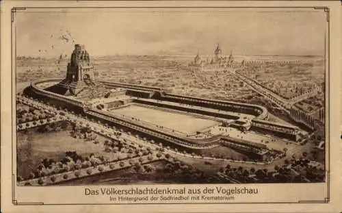 Künstler Ak Leipzig in Sachsen, Völkerschlachtdenkmal, Südfriedhof mit Krematorium