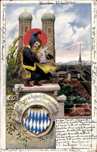 Ak München, Hofbräuhaus, Kind mit Laterne, zwei Türme, bunte Landschaft, Postkarte