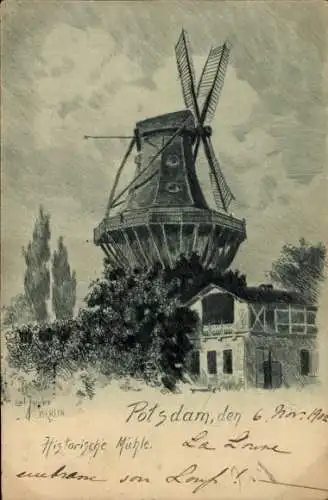 Ak Potsdam Sanssouci, Historische Mühle, Windmühle, Pflanzen, Gebäude