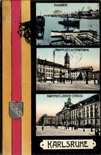 Ak Karlsruhe in Baden, Rhein Hafen, Marktplatz mit Stadtkirche, Hauptpost Kaiserstraße