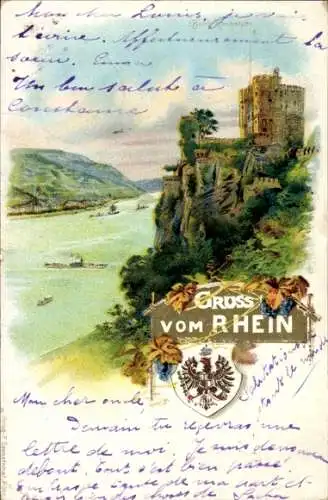 Ak Bacharach am Rhein, Burg auf Felsen, Rheinlandschaft, Schiffe auf dem Wasser