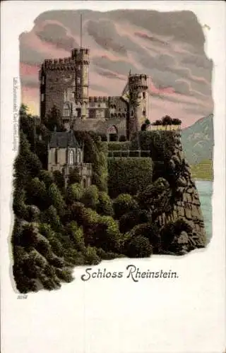 Litho Trechtingshausen am Rhein, Burg Rheinstein, Schloss