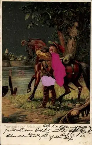 Ak Bad Säckingen am Hochrhein, Trompeter von  Reiter mit Trompete, Pferd, Fluss, Bäume