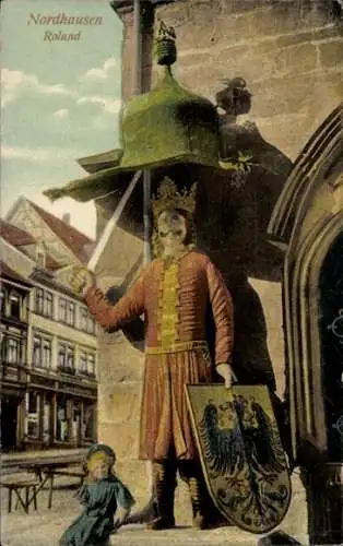 Ak Nordhausen am Harz, Roland Statue, historische Architektur, Stadtansicht, Postkartenmotiv
