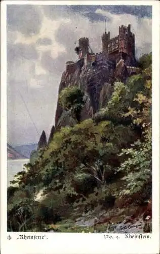 Ak Trechtingshausen am Rhein, Burg Rheinstein, Burg Rheinstein auf einem Felsen, Fluss im Vord...