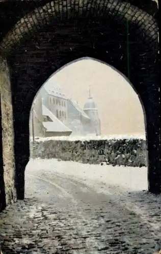 Ak Meißen an der Elbe, Blick vom Burglehnthorbogen auf die Albrechtsburg, Winter