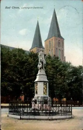 Ak Bad Cleve Kleve am Niederrhein, Lohengrin-Denkmal, Kirchen, grüne Bäume, alte Architektur