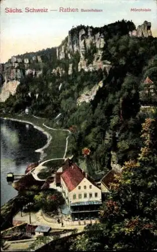 Ak Rathen an der Elbe Sächsische Schweiz, Rathen, Basteifelsen, Mönchstein, Wald, Fluss, Gebäude