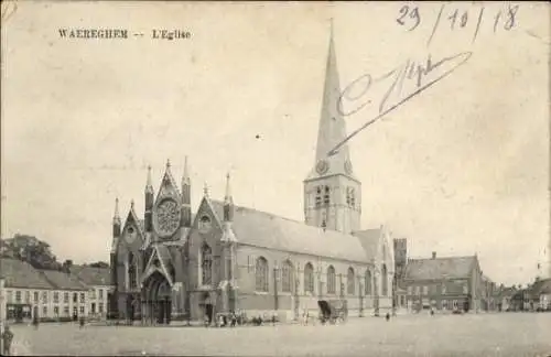 Ak Waregem Waereghem Wareghem Westflandern, Kirche, Uhrturm, Stadtplatz, Reiterwagen