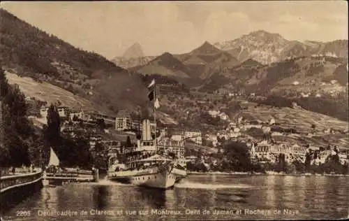 Ak Montreux Kanton Waadt Schweiz, Schiff im Hafen, Berge, Stadtansicht, historische Postkarte