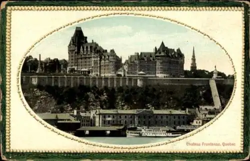 Ak Quebec Kanada, Montmorency River, Chateau Frontenac, prachtvolles Gebäude, Hügelansicht, fa...
