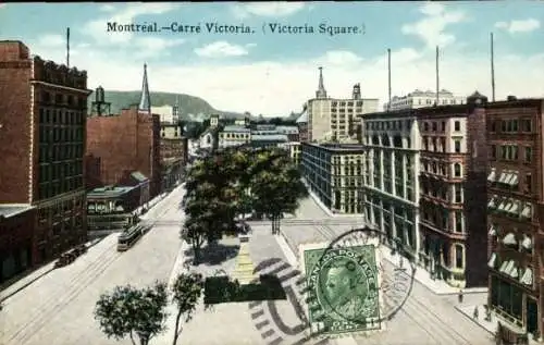 Ak Montreal Québec Kanada, Victoria Square, historische Gebäude, Straßenansicht, Straßenbahn