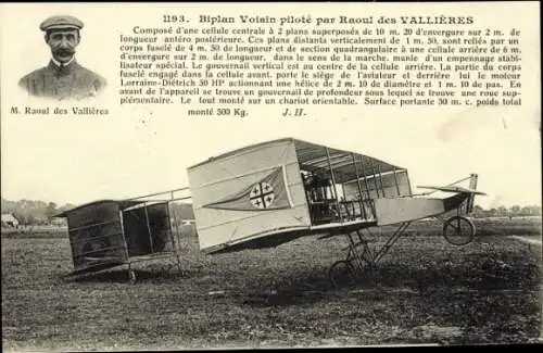 CPA Aviation, Biplan Voisin pilote par Raoul de Vallieres