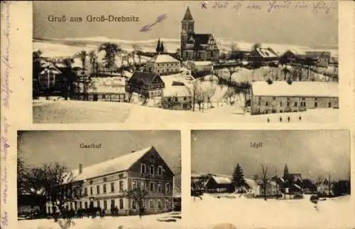 Ak Großdrebnitz Bischofswerda Sachsen, Gesamtansicht, Winter, Gasthof, Idyll