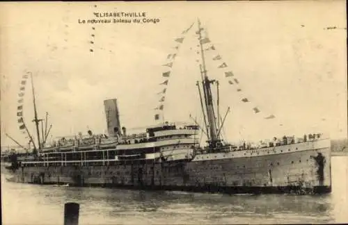 Ak Lubumbashi Elisabethville DR Kongo Zaire, Schiff, neues Boot, Congo, Flaggen, Passagiere